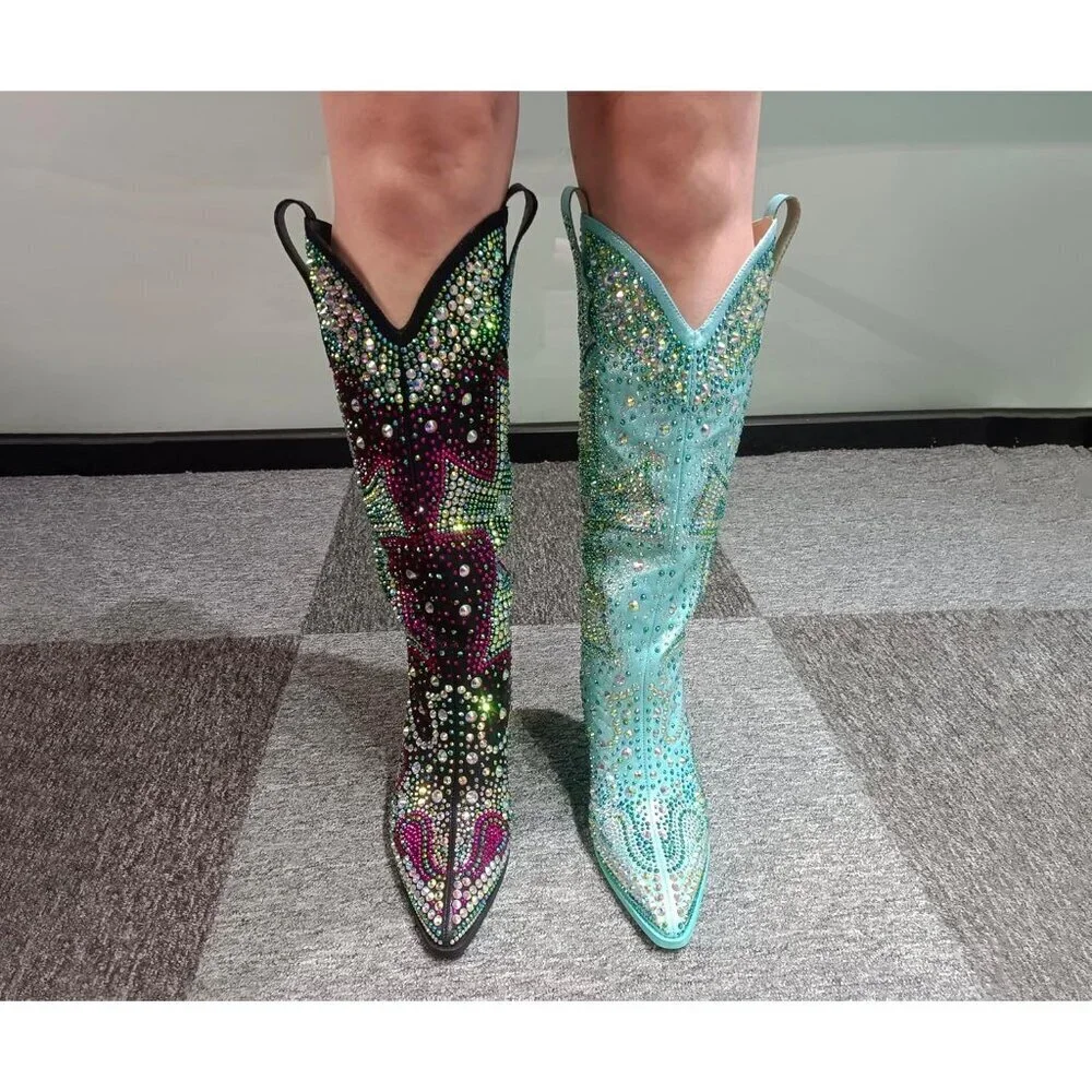 Women's Blue Fashion Rhinestone Cross Western Knee-High Cowboy Boots